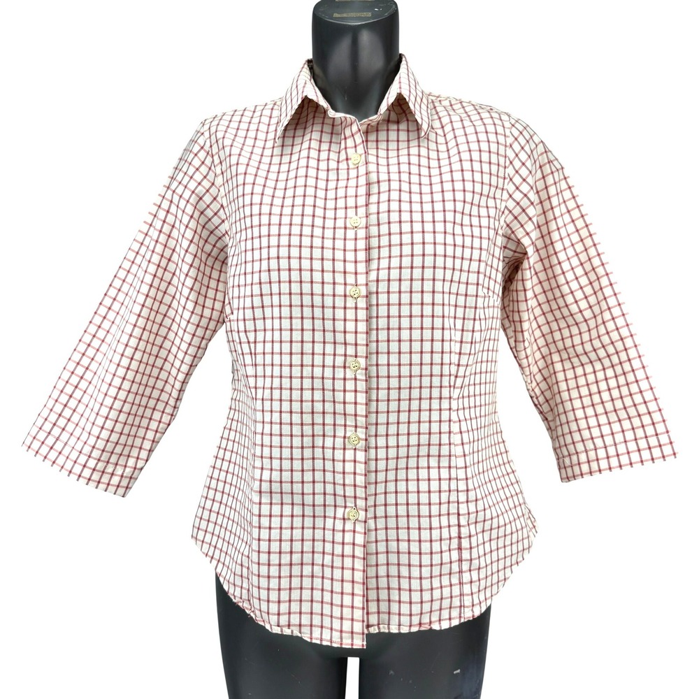 KENZO 100% Cotton Windowpane Check Button-Up Red Off White Shirt 3/4 Sleeve 16